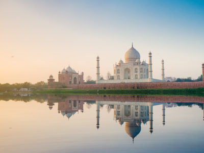 Panoramic image of the Taj Mahal as seen from Yamuna River, Agra. India.