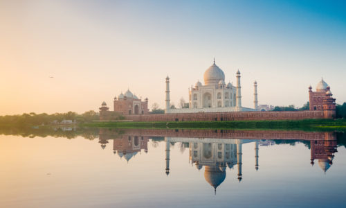Panoramic image of the Taj Mahal as seen from Yamuna River, Agra. India.