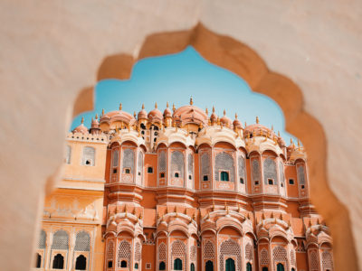 Inside of the Hawa Mahal or The palace of winds at Jaipur India. It is constructed of red and pink sandstone