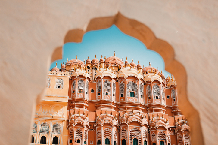 Inside of the Hawa Mahal or The palace of winds at Jaipur India. It is constructed of red and pink sandstone