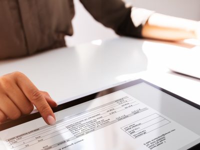 Close-up Of A Busineswoman's Hand Working With Invoice On Digital Tablet - Tungsten Network