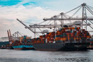 shipping freight ship with crates on the water