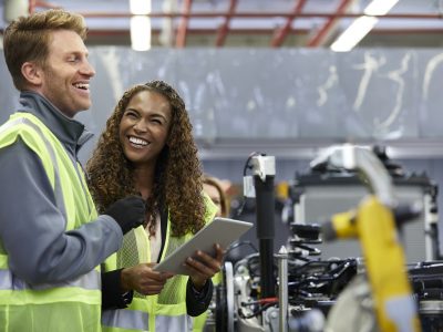 Smiling engineers standing with digital tablet